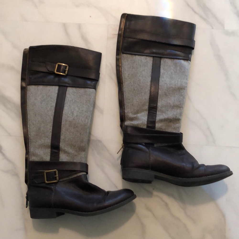 Brown and grey riding boots